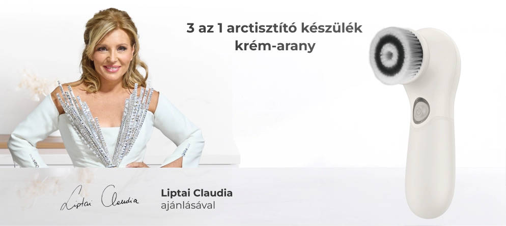 Liptai Claudia a 3 az 1 arctisztító készülékkel a kezében