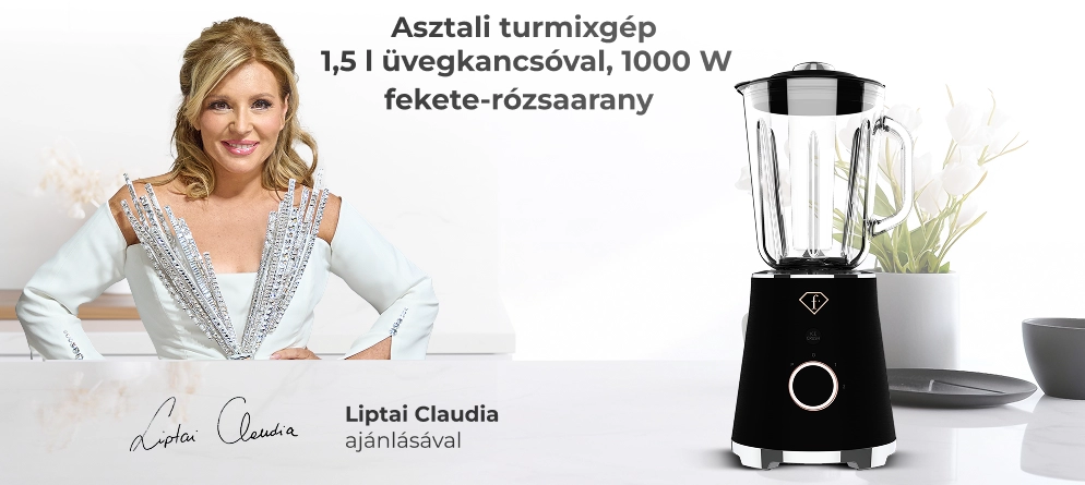 Liptai Claudia, mellette a fekete-rózsaarany turmixgép
