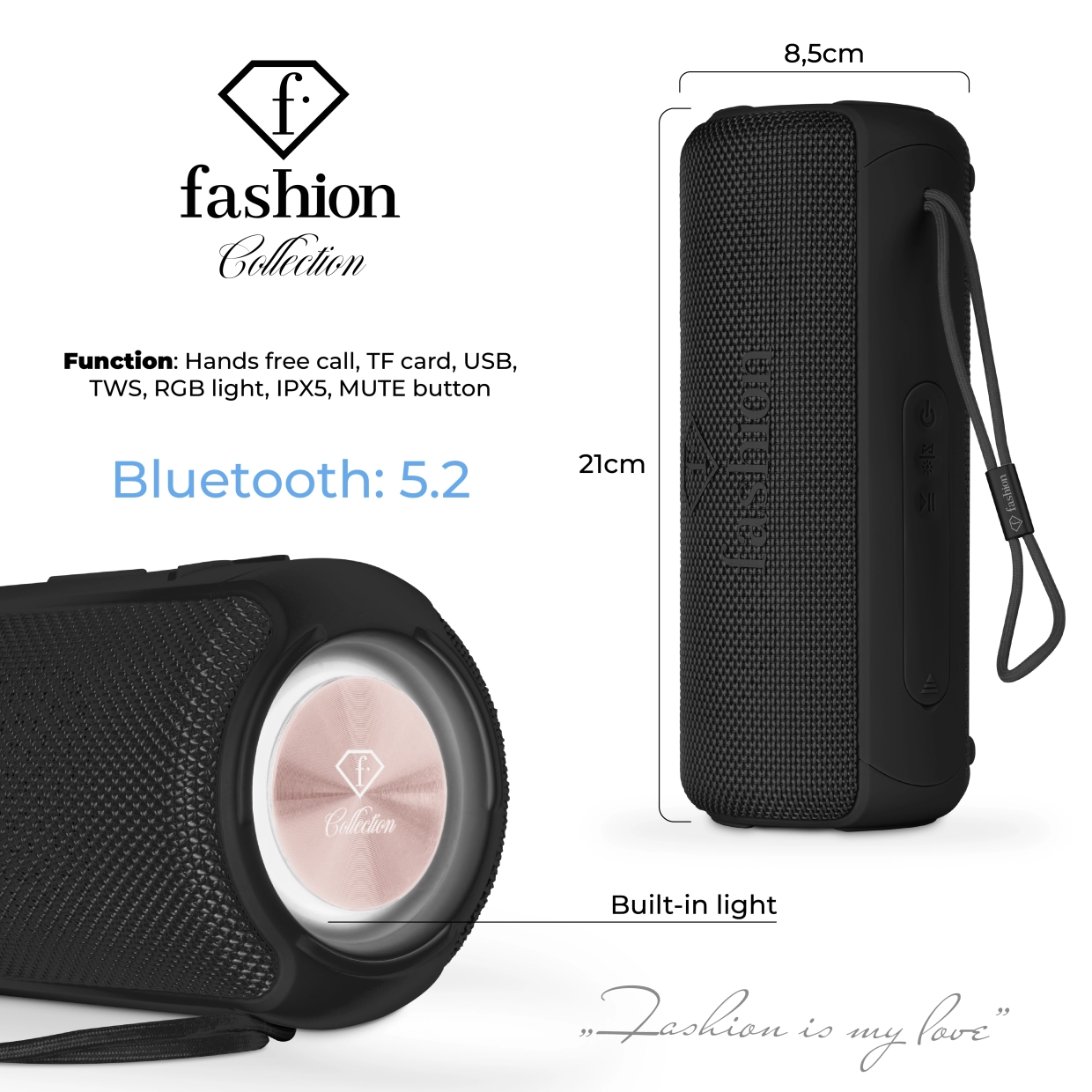 Tabliczka znamionowa głośnika z wymiarami, listą funkcji i wersją Bluetooth