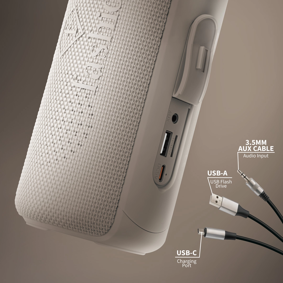 Opisane złącza w jasnym wykonaniu: kabel AUX, pendrive USB, ładowanie USB-C