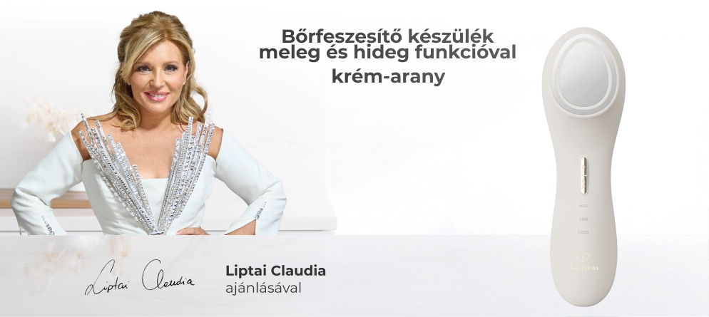 Liptai Claudia, mellette a krém-arany bőrfeszesítő készülék
