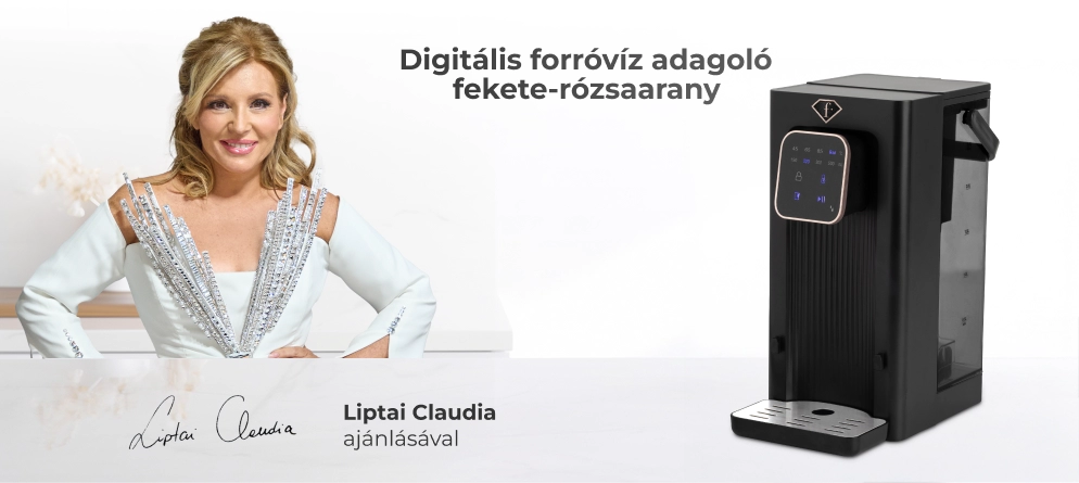 Liptai Claudia, mellette a fekete-rózsaarany vízadagoló