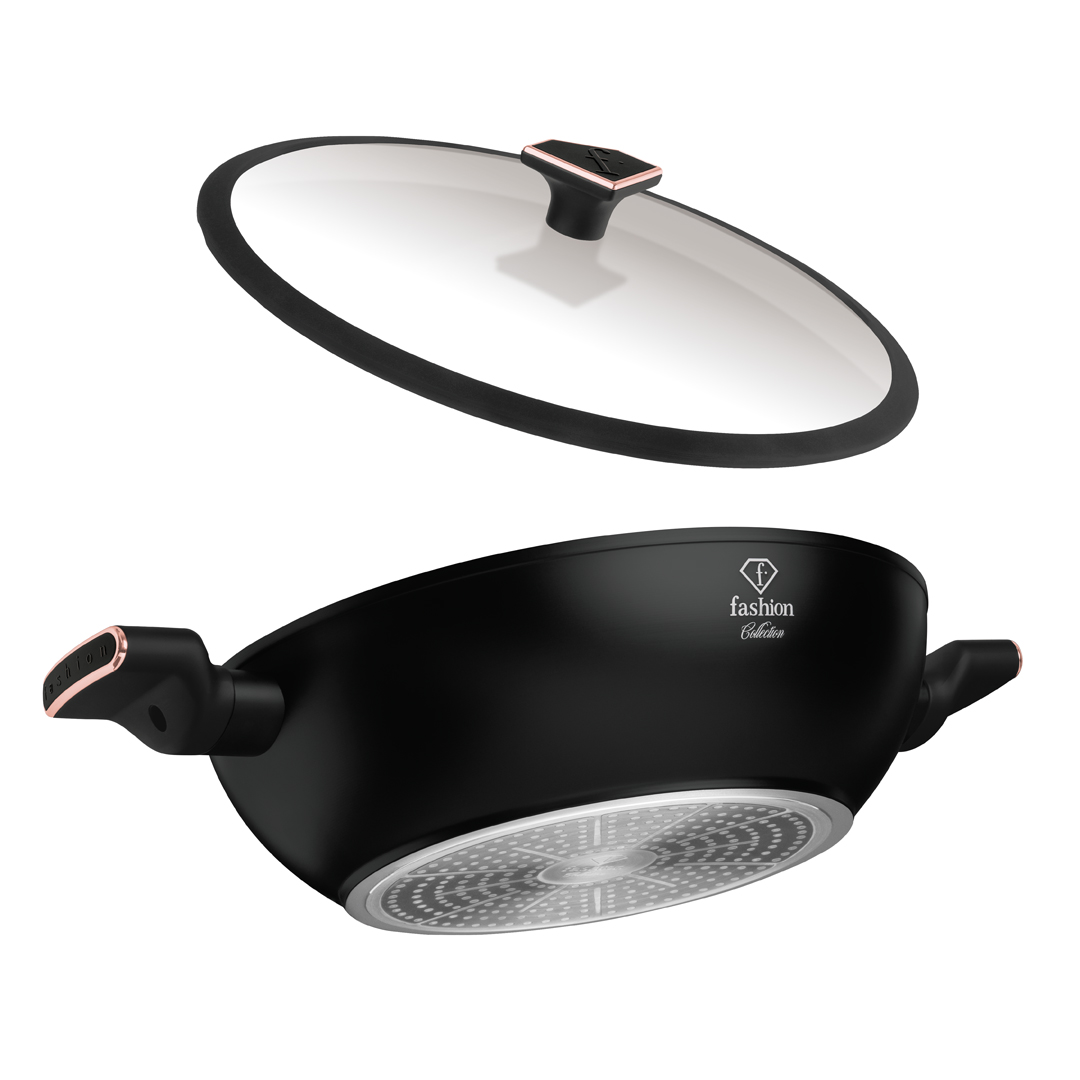 Wok ze szklaną pokrywką, 30 cm, czerń i różowe złoto, zdjęcie 3