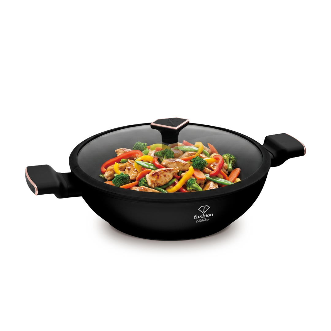 Wok ze szklaną pokrywką, 30 cm, czerń i różowe złoto, zdjęcie 4