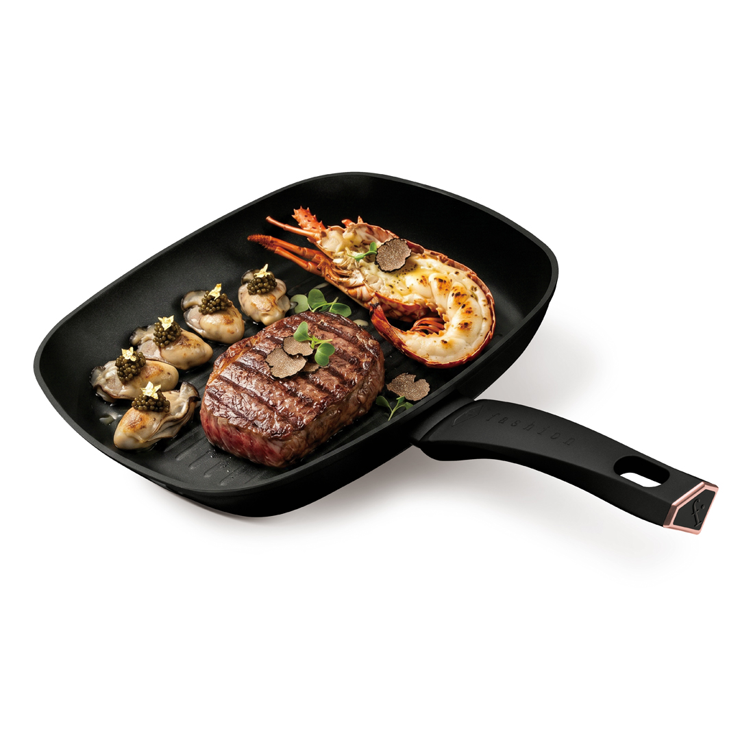 Grillserpenyő üvegfedővel, 28 cm, fekete és rózsaarany, kép 4