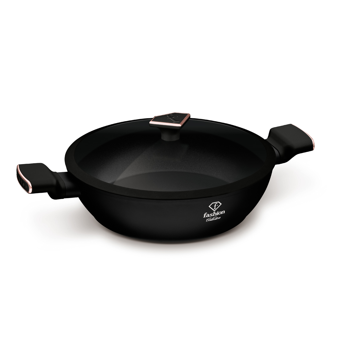 Alacsony lábas üvegfedővel, 28 cm, fekete és rózsaarany, kép 1