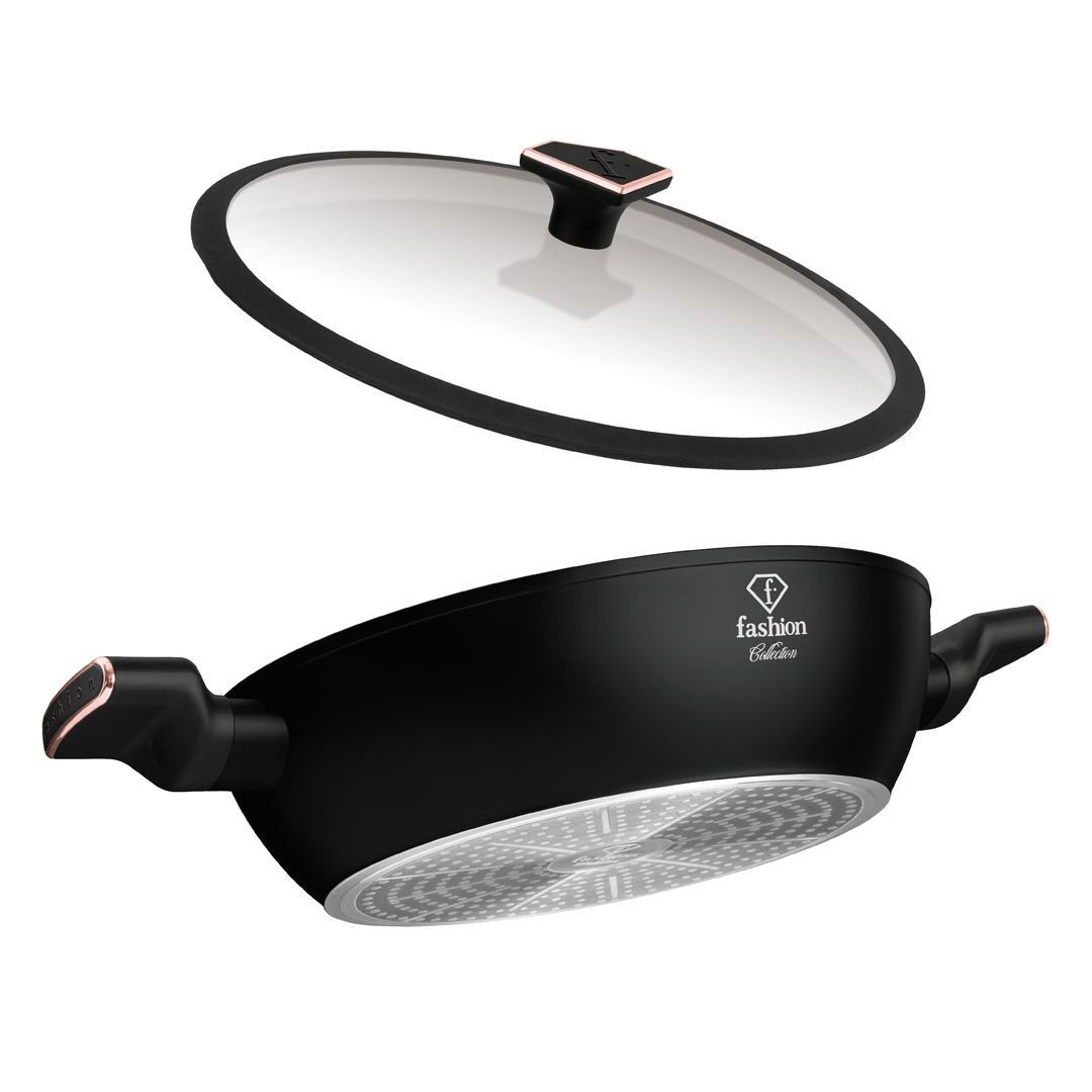 Sauteuse basse avec couvercle en verre, 28 cm, noir et or rose, photo 2