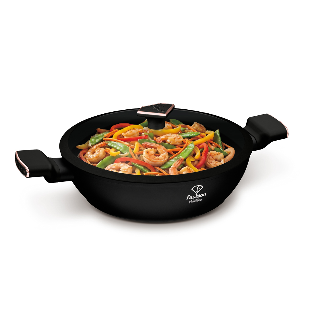 Sauteuse basse avec couvercle en verre, 28 cm, noir et or rose, photo 4