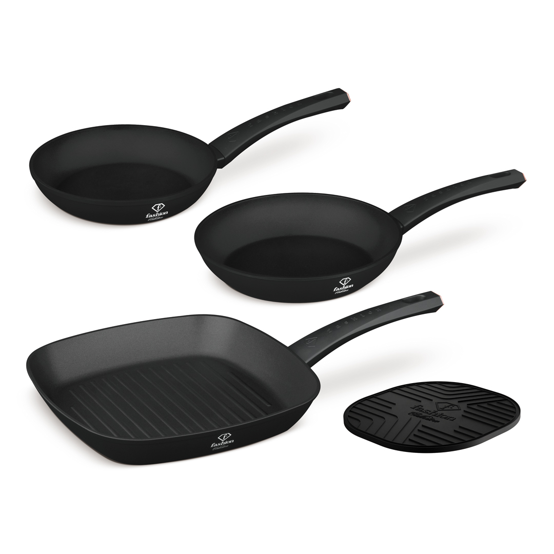 4 részes serpenyőkészlet grillserpenyővel, 20, 24 és 28 cm, fekete és rózsaarany, kép 1