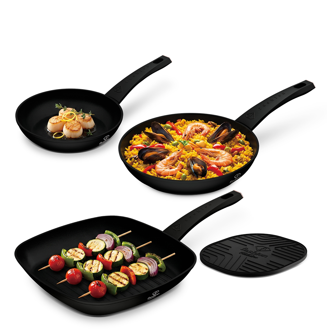 4 részes serpenyőkészlet grillserpenyővel, 20, 24 és 28 cm, fekete és rózsaarany, kép 4