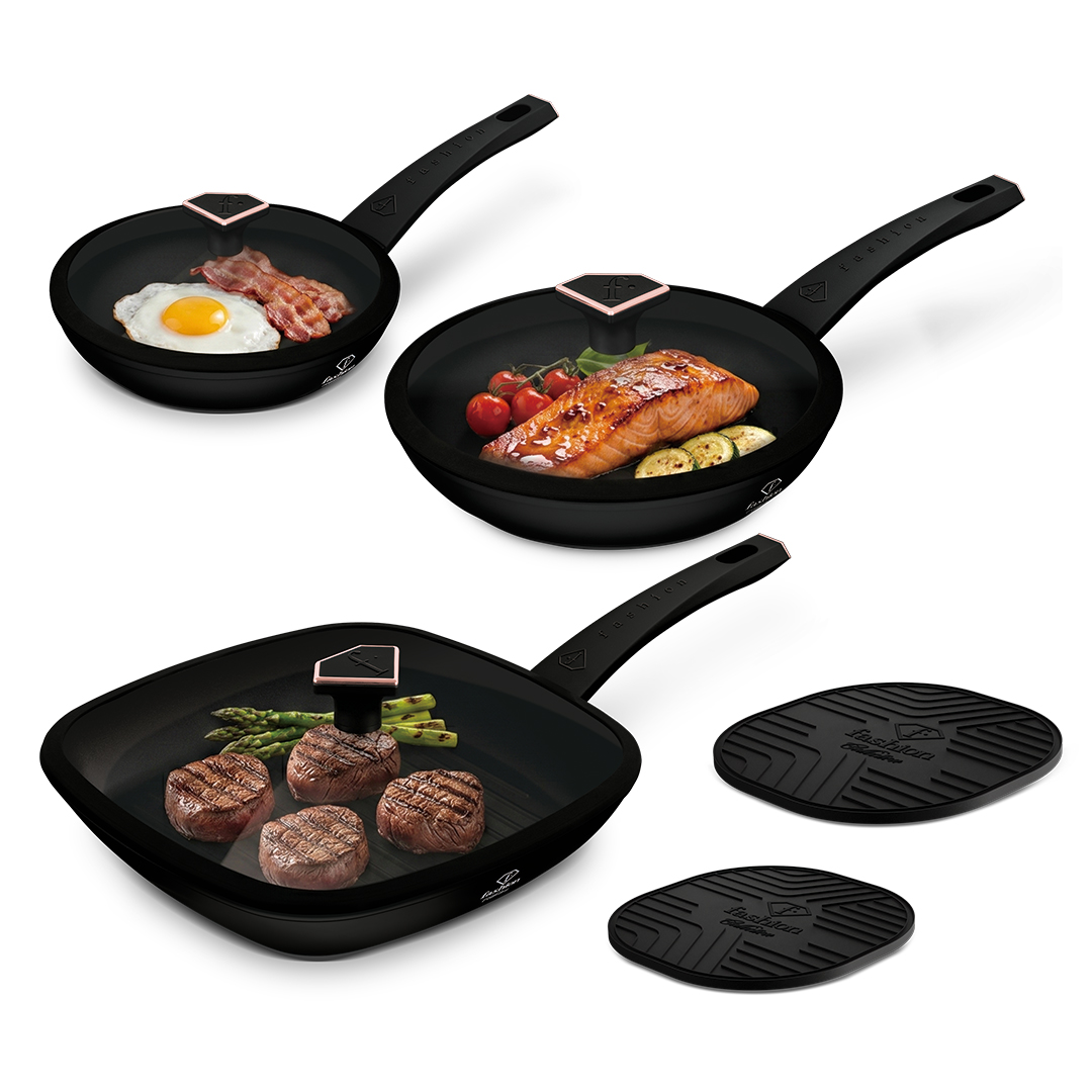 8 részes serpenyőkészlet, 3 fedővel és grillserpenyővel, fekete és rózsaarany, kép 2