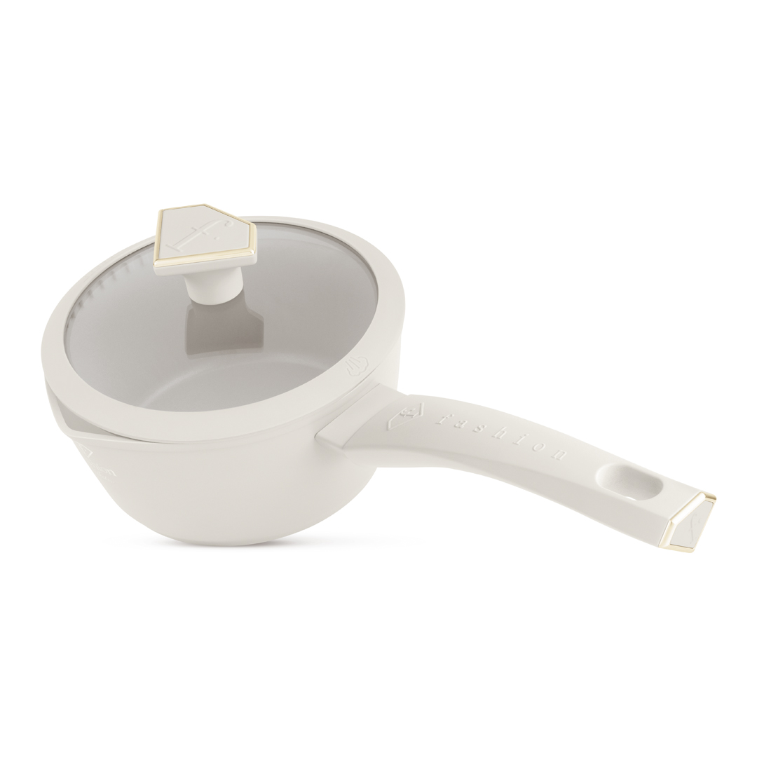 Nyeles lábas üvegfedővel, 16 cm, 1,2 l, krém és arany, kép 1