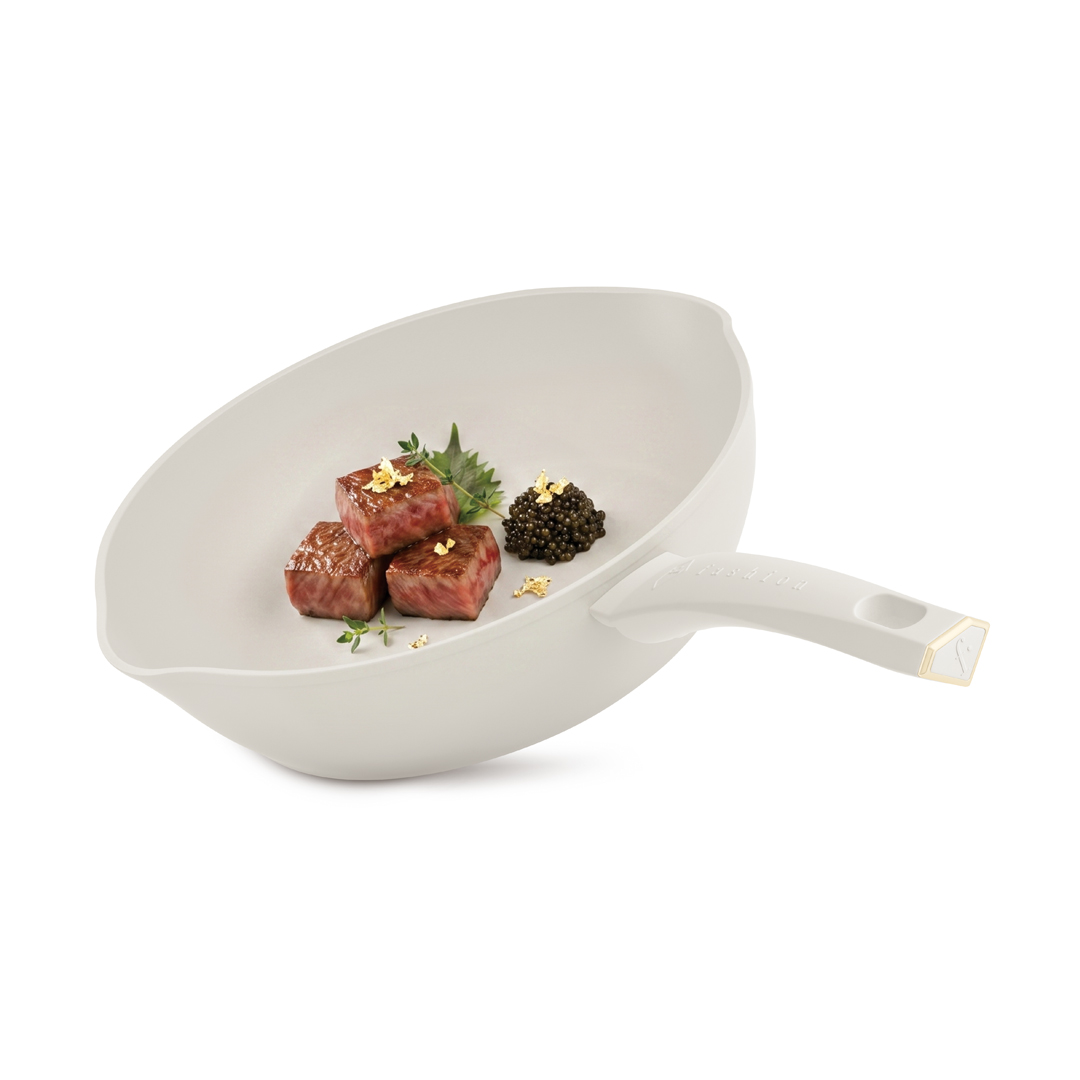 Mély serpenyő két kiöntővel, 28 cm, krém és arany, kép 4