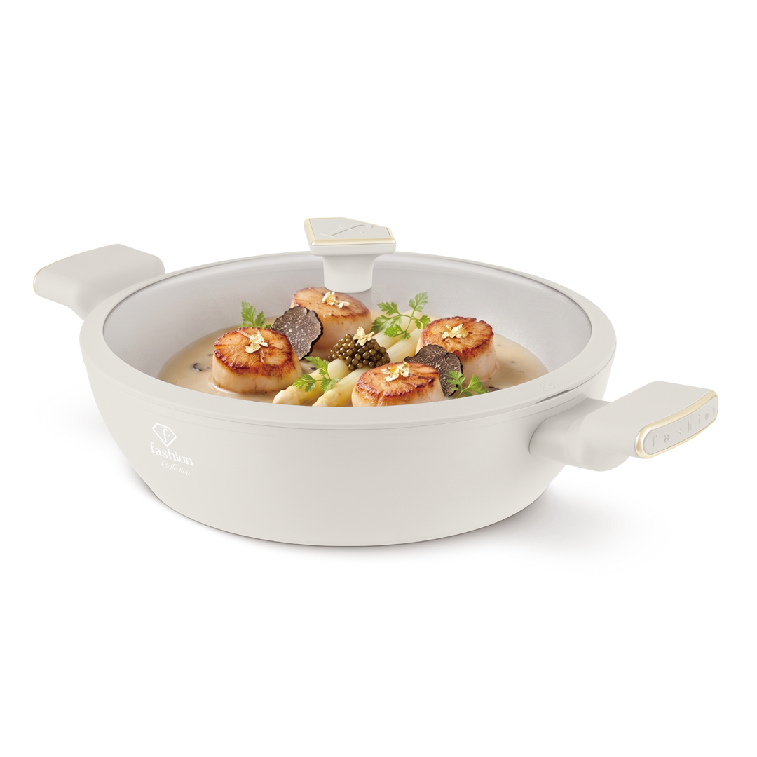 Shallow casserole pan with glass lid, 28 cm, cream and gold, photo 4