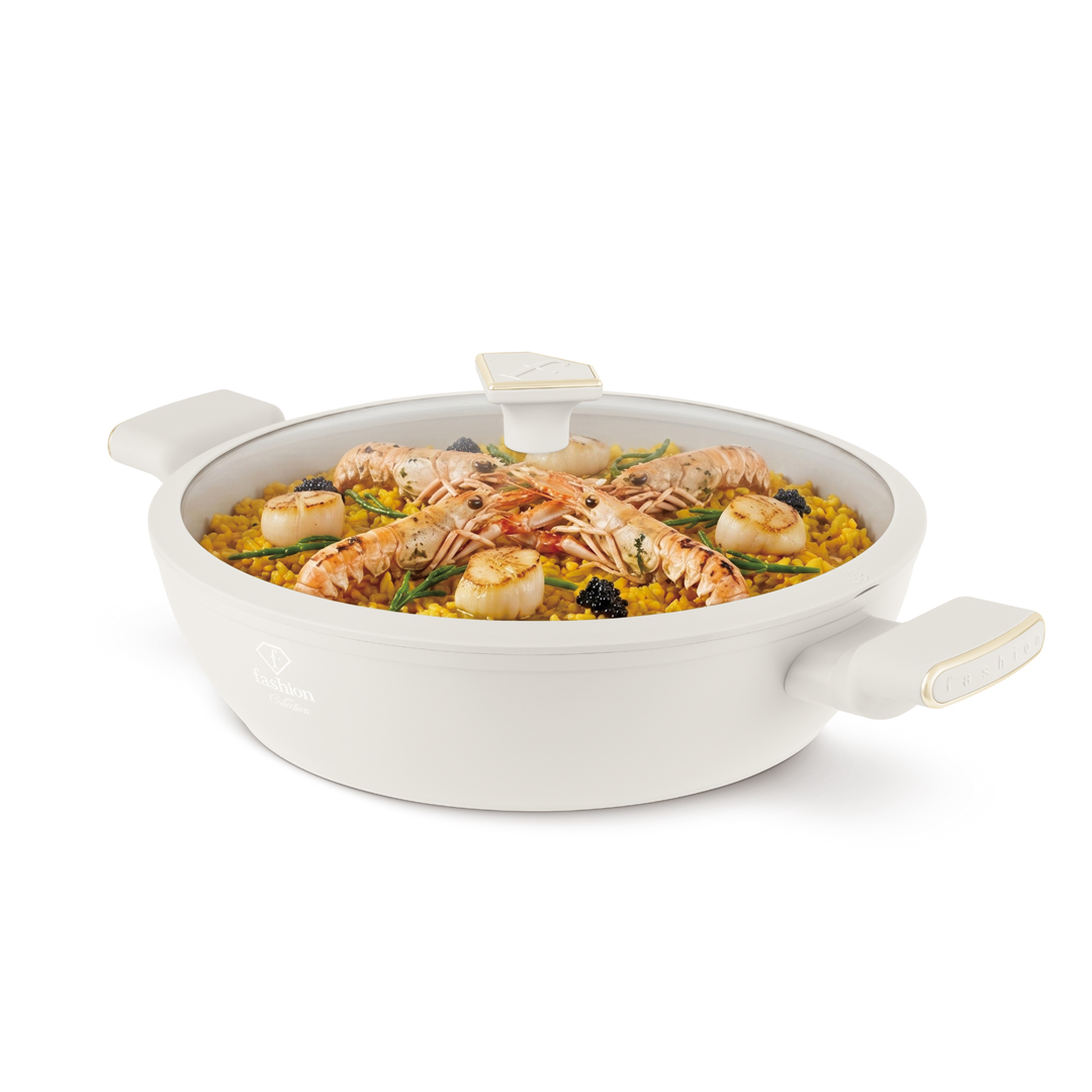 Sauteuse basse avec couvercle en verre, 30 cm, crème et or, photo 4
