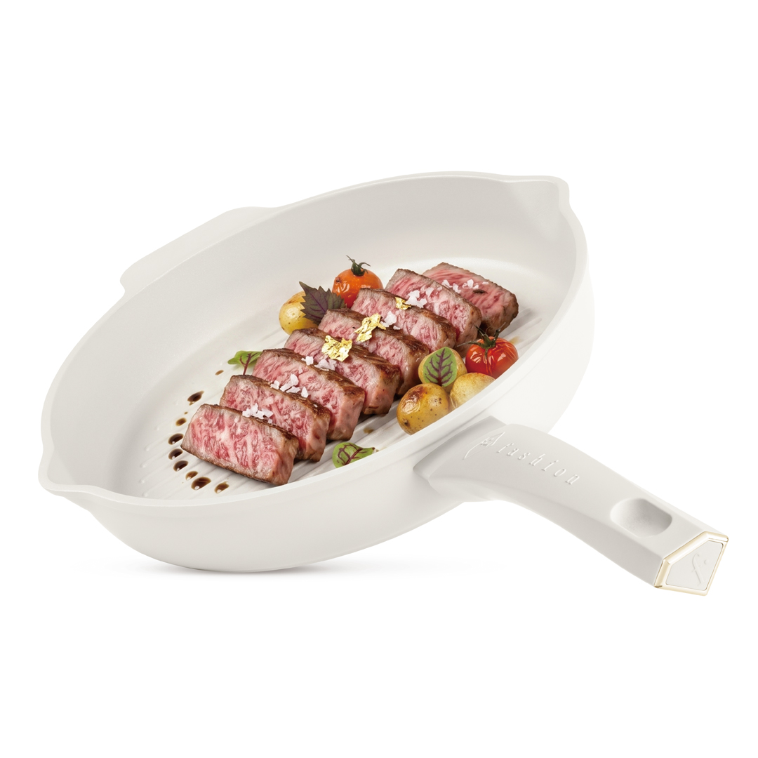 Kerek grillserpenyő két kiöntővel, 26 cm, krém és arany, kép 4