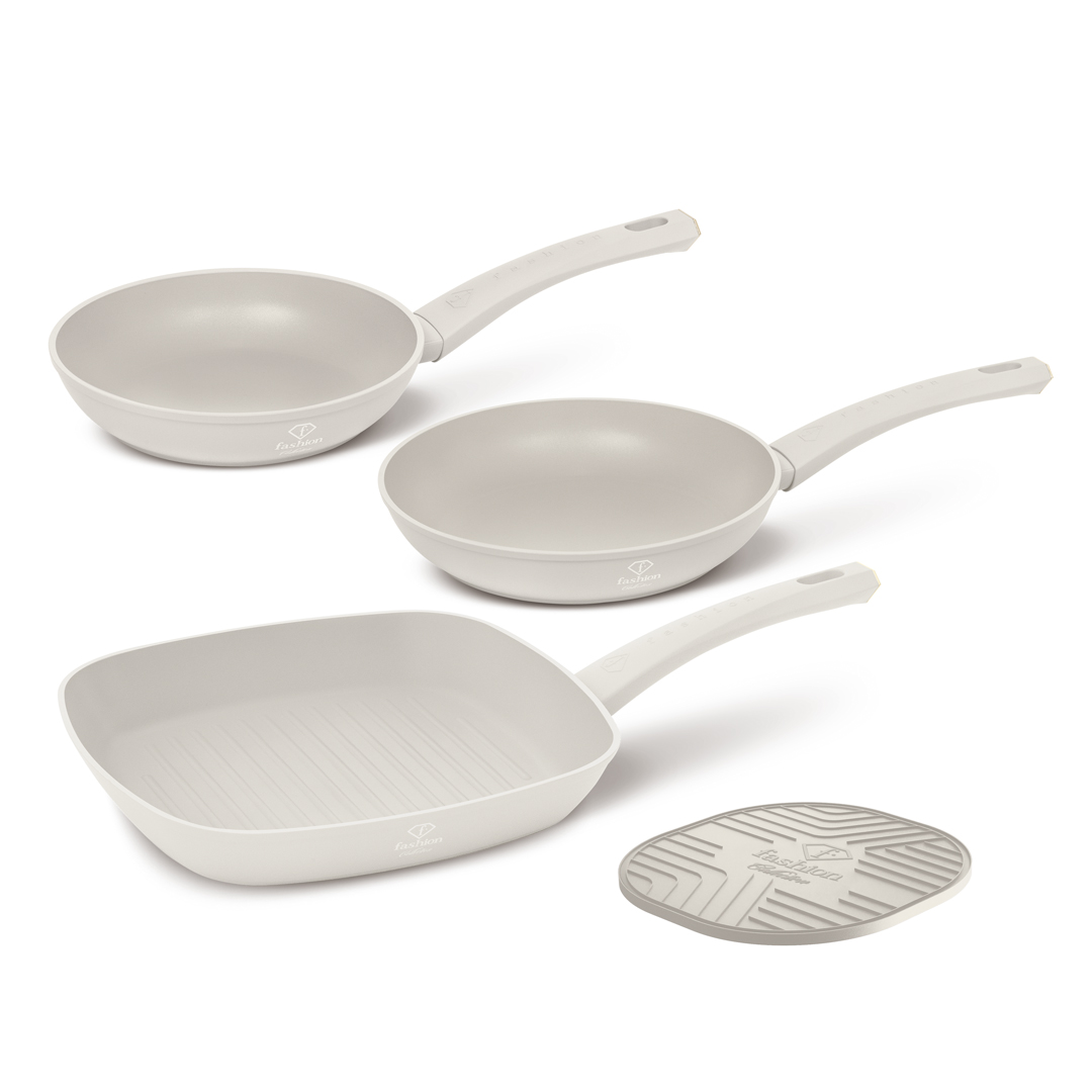 4 részes serpenyőkészlet grillserpenyővel, 20, 24 és 28 cm, krém és arany, kép 1