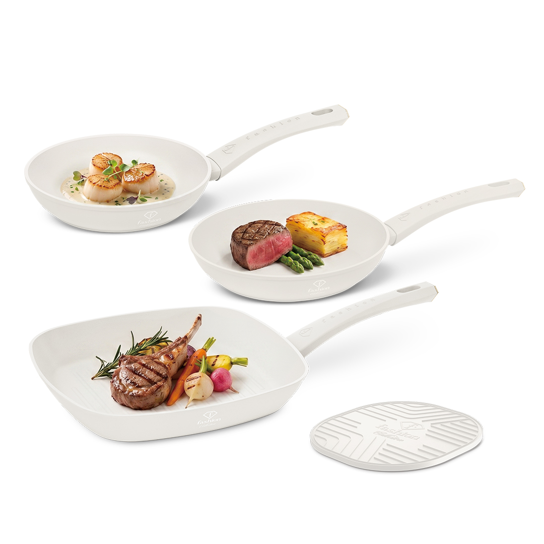 4 részes serpenyőkészlet grillserpenyővel, 20, 24 és 28 cm, krém és arany, kép 4