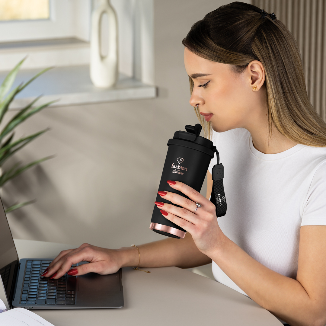 Dwuścienny kubek termiczny, 500 ml, czerń i różowe złoto, zdjęcie 4