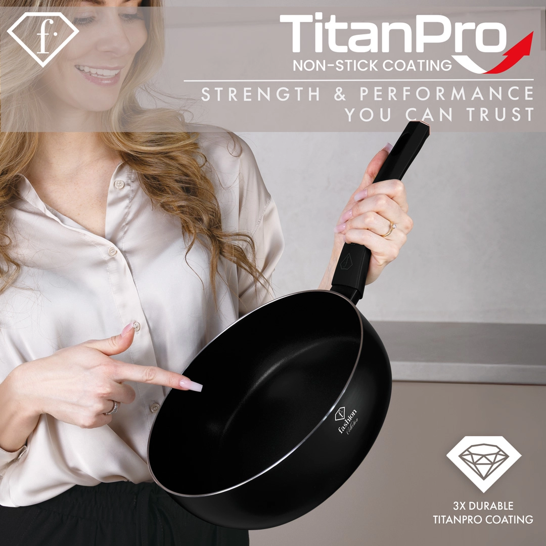 A hand holds the pan, showing the titanPro surface inside