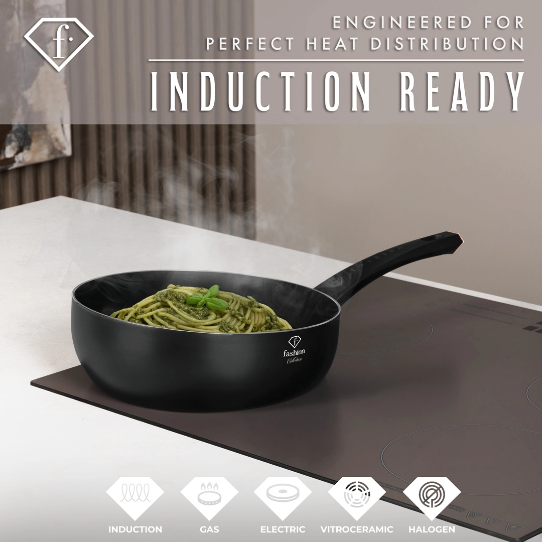 Pesto pasta in the pan, with the hob-type icons along the bottom