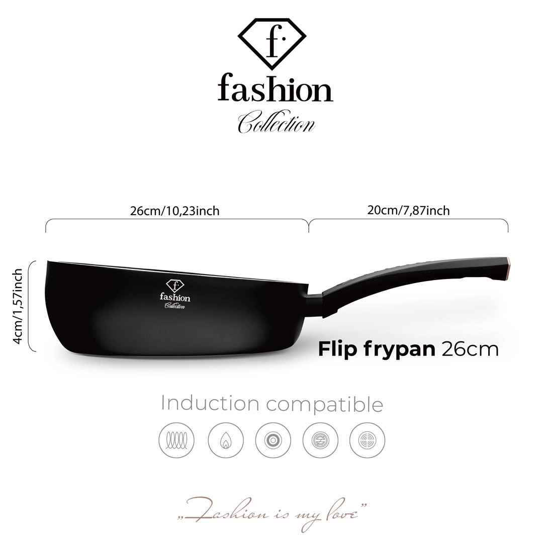 The dimension drawing of the 26 cm flip pan, with the hob icons