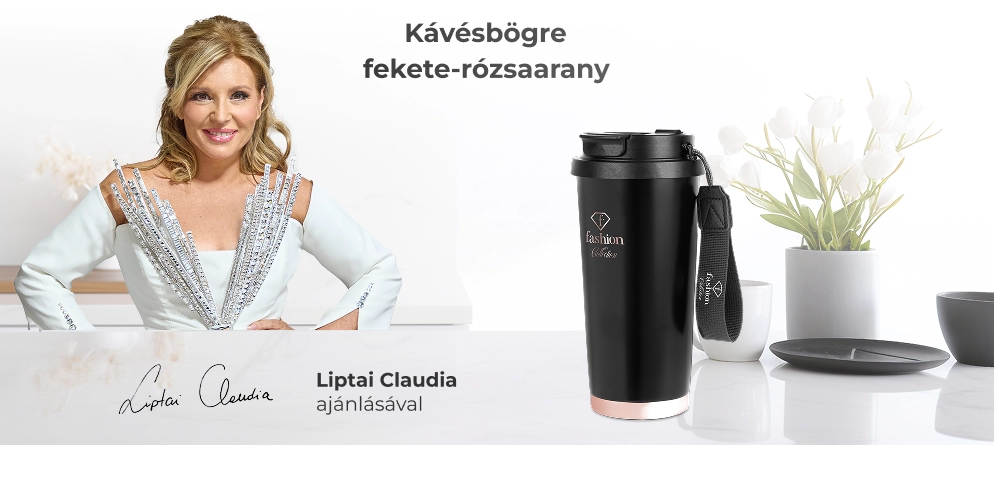 Liptai Claudia a kávésbögrével