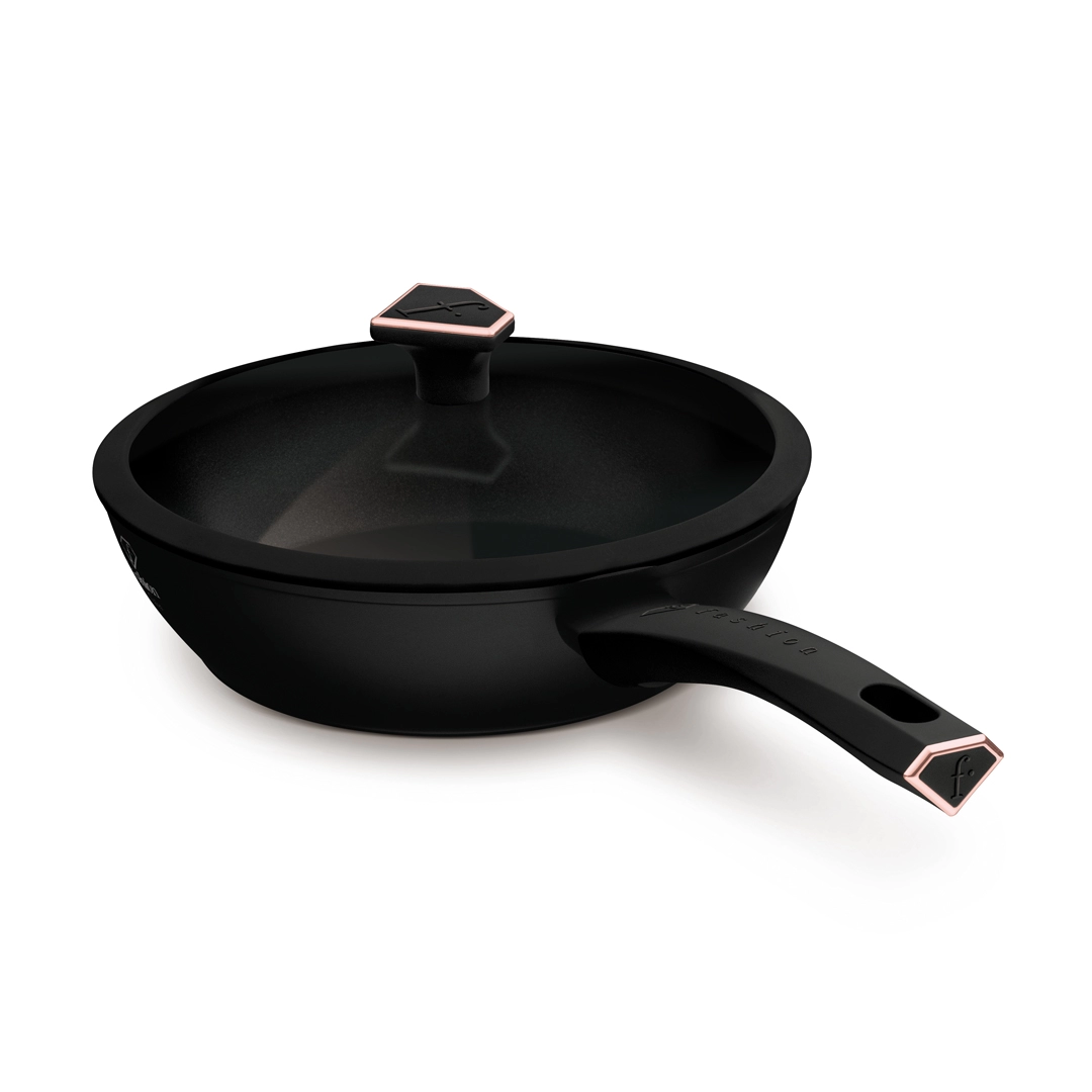 The pan covered, with the knob of the lid and the handle in view