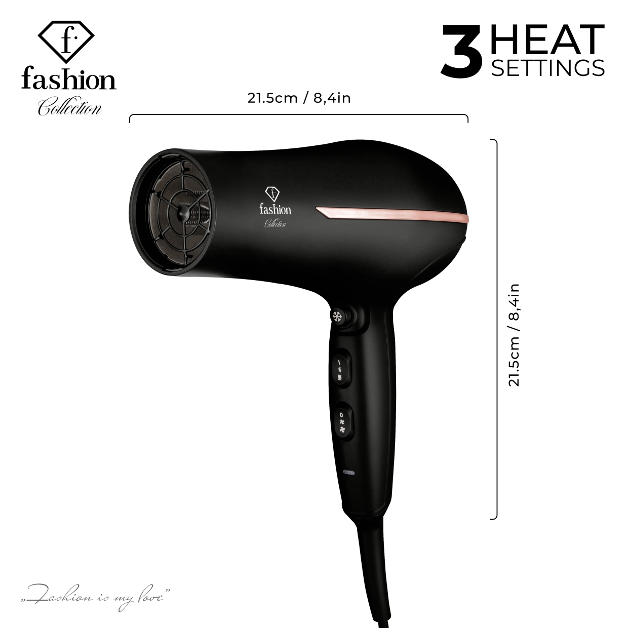 Les dimensions du sèche-cheveux : encombrement de 21,5 × 21,5 cm