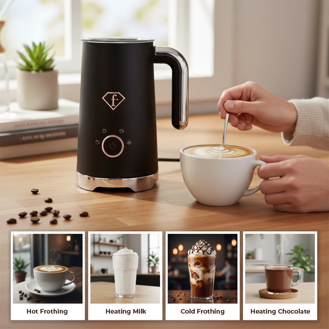 The appliance on a worktop with its four programmes shown as four drinks