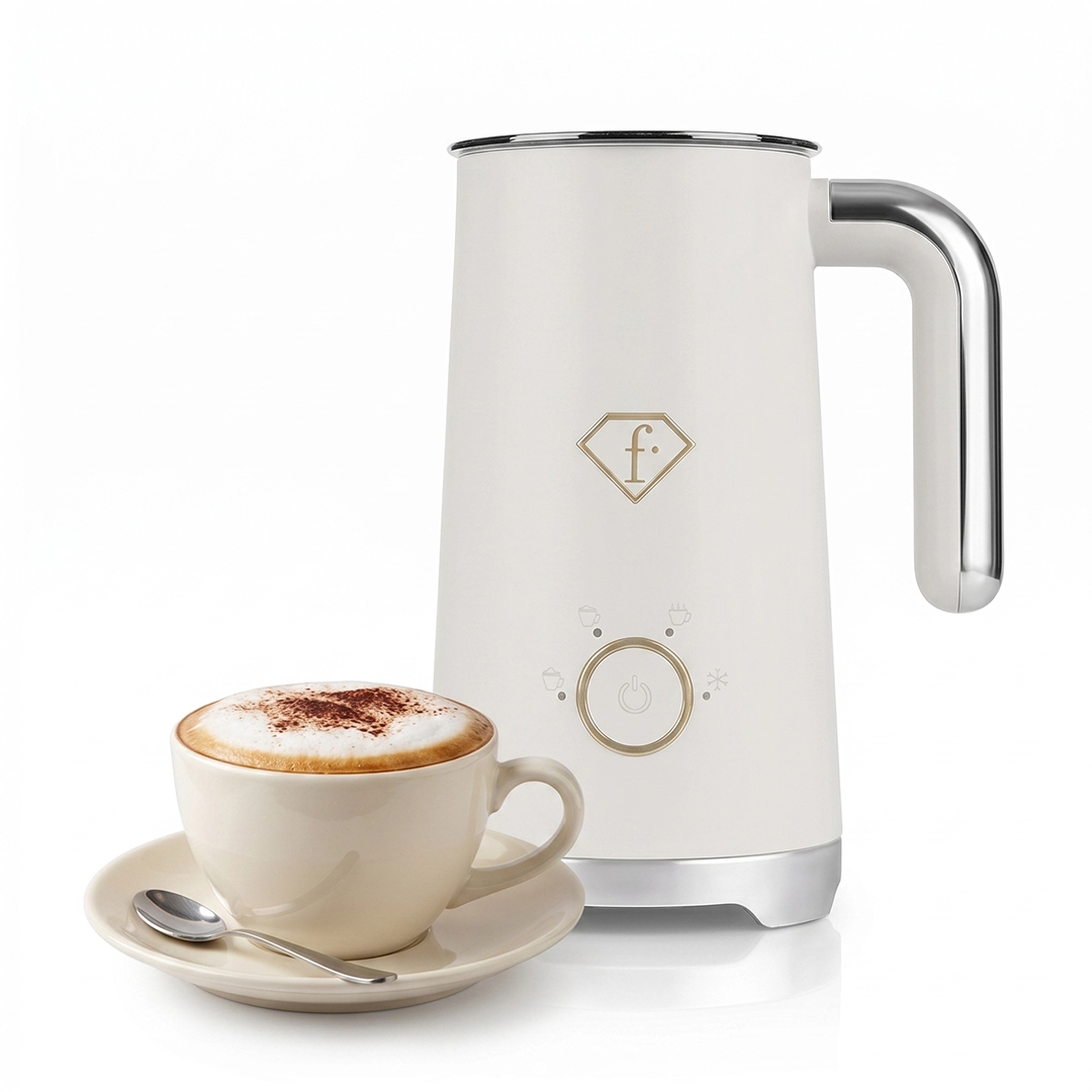 The milk frother in its light finish, seen from the front