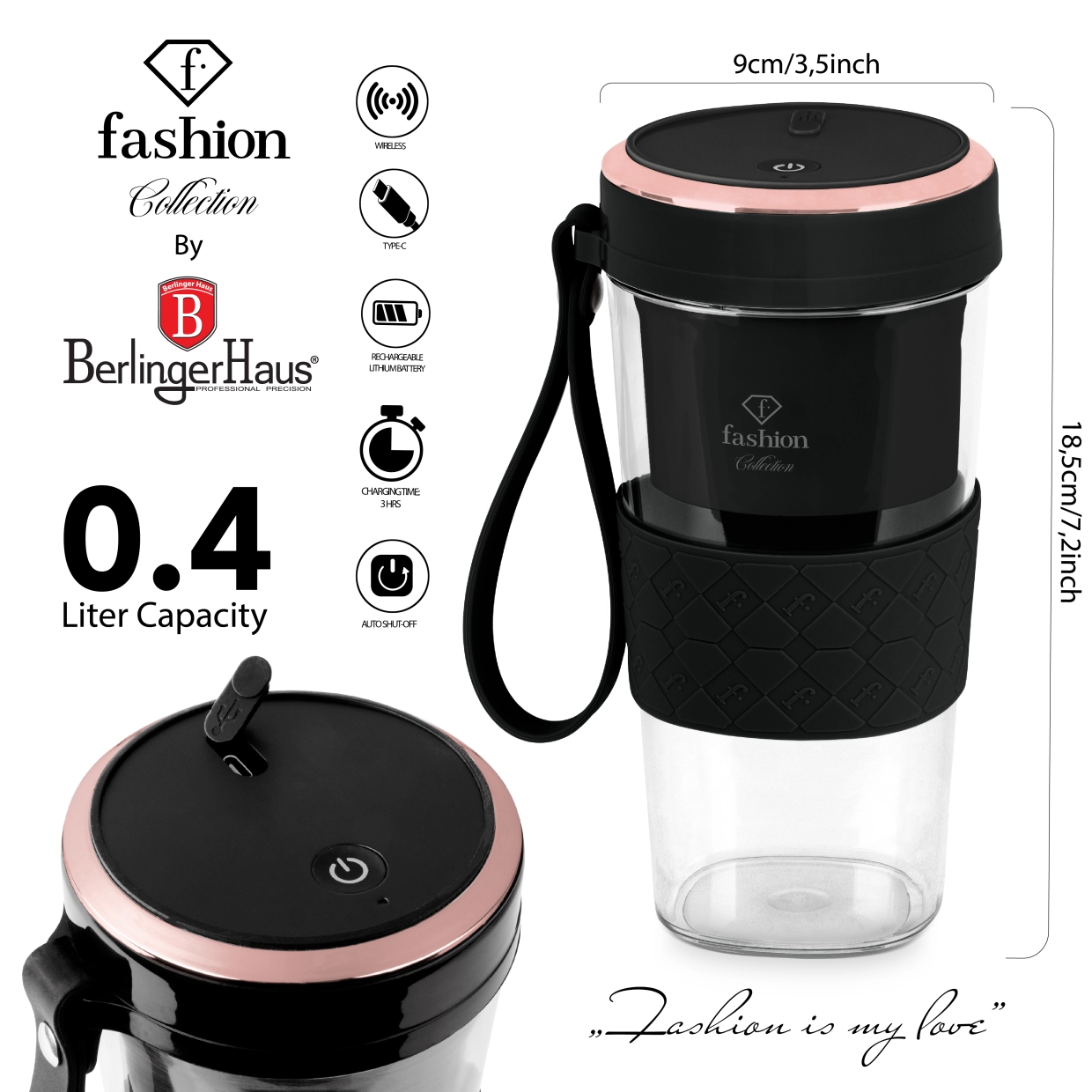 Der Mini-Mixer mit den Angaben 400 ml, 9 × 18,5 cm und 3 Stunden Ladezeit