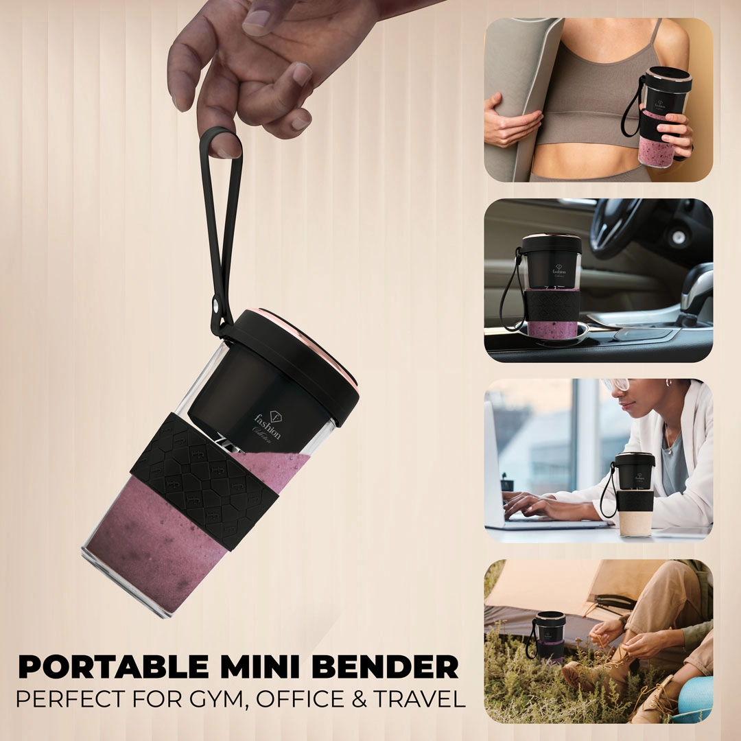Der Mixer am Trageband in der Hand, daneben Situationen zu Hause, im Büro und im Fitnessstudio