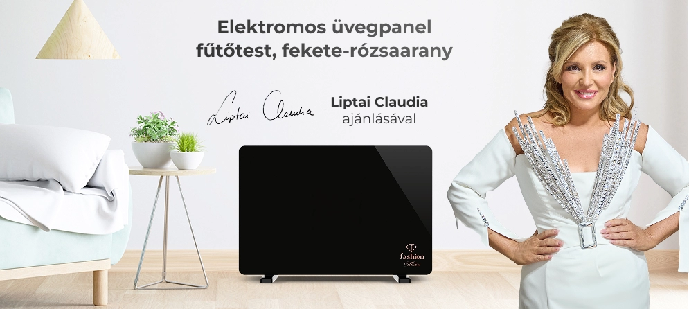Liptai Claudia az üvegpanel fűtőtest mellett